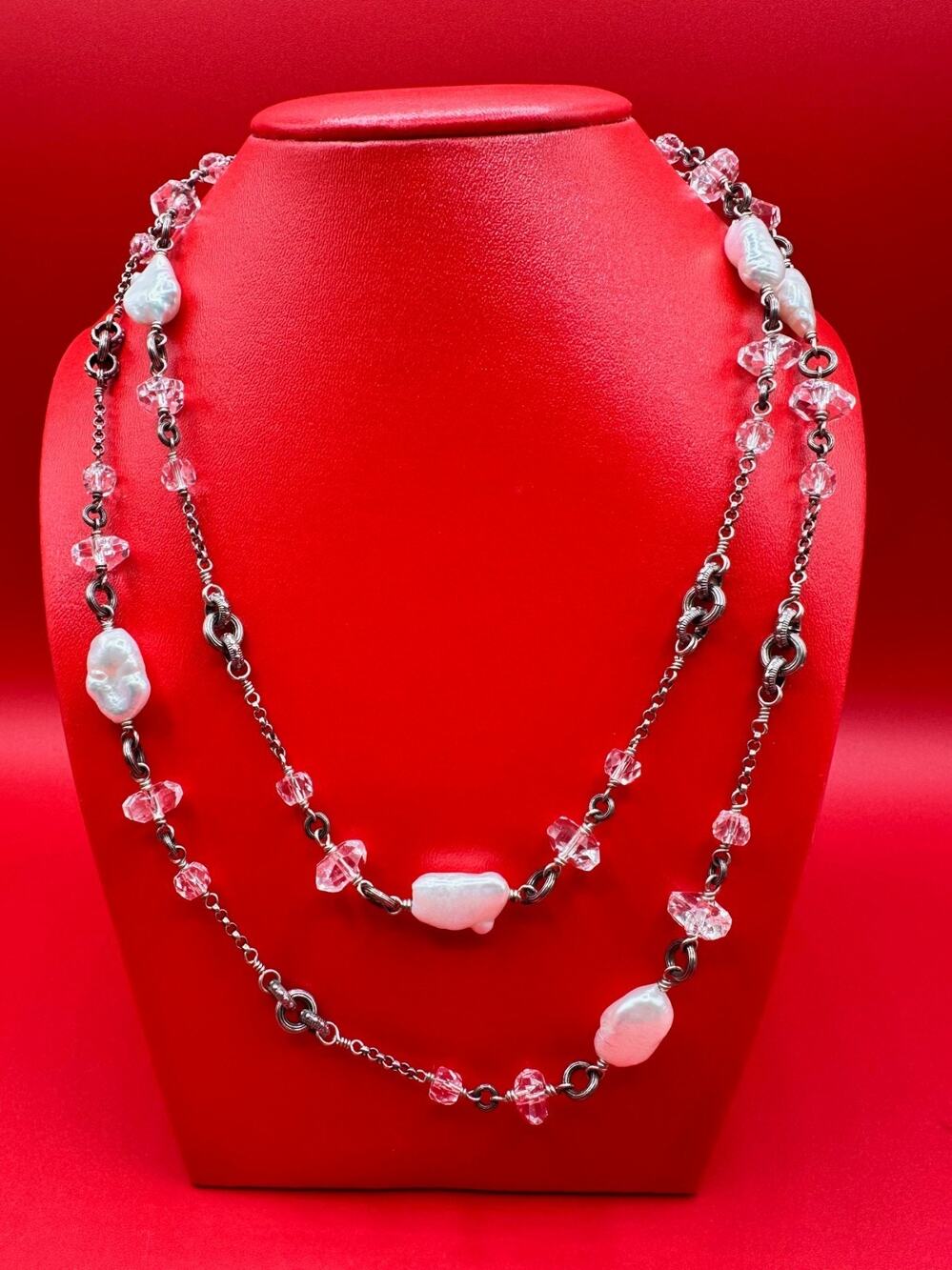 Stephen Dweck Sterling Baroque Freshwater Pearls Crystal Beads Station Necklace